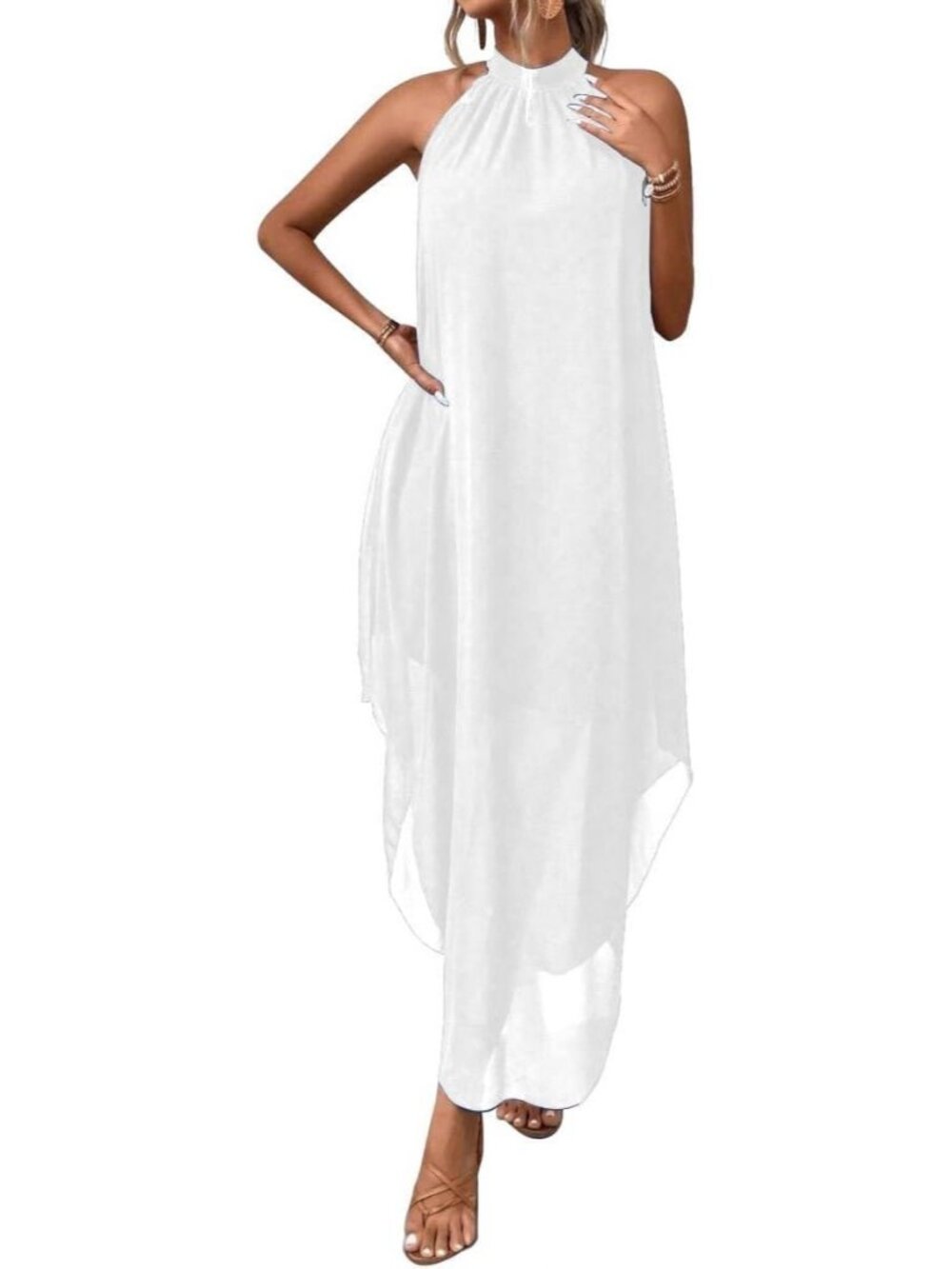 Women's White Flowy Chiffon Elegant Cocktail Halter Neckline Lightweight Maxi
